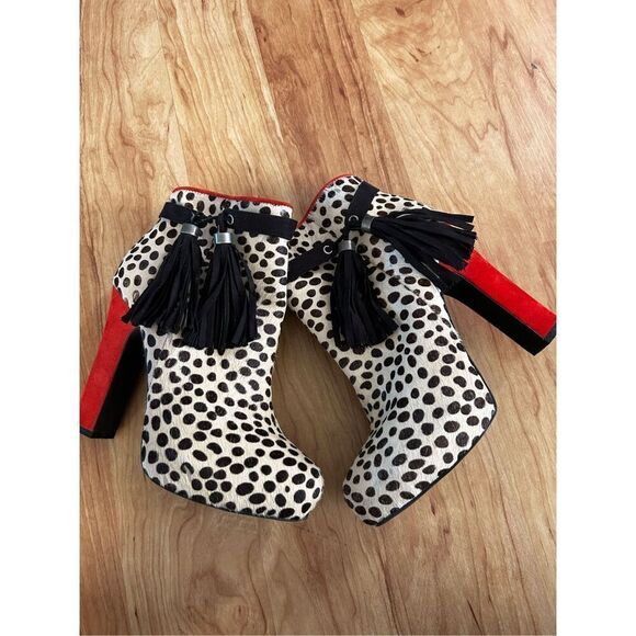 BeBe Leopard Print Heeled Side Zippered Booties with Red Heels and Tassels size - Picture 1 of 6